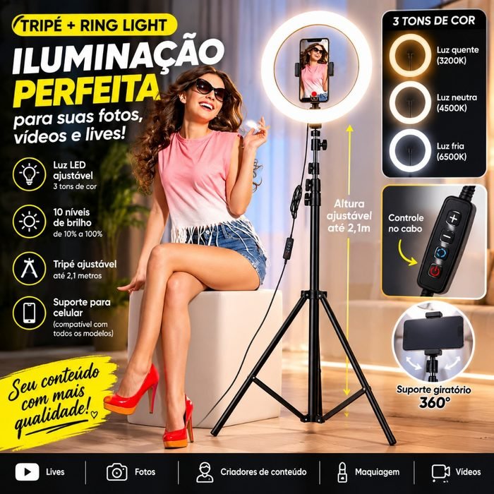 Iluminador Ring Ligth Anel Luz 26cm 10 Polegadas Make Fotos Com Tripé 1,6 Metros Fotografia Video Selfie Youtube Top