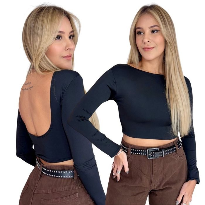 Cropped Feminino Costas Nua Manga Longa Básico Sem Transparência com Elastano