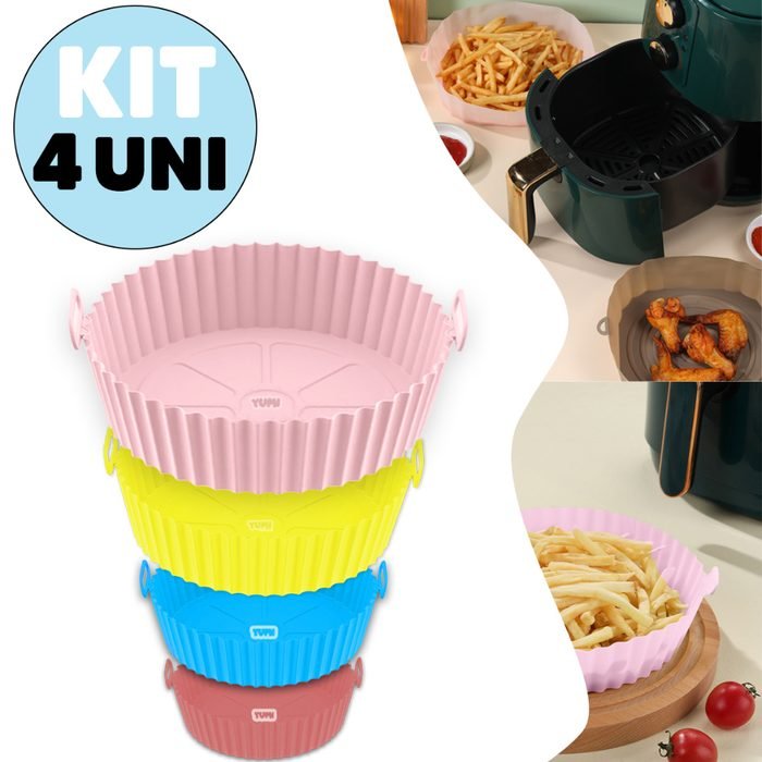 Kit 4 Formas Silicone Pra Fritadeira Air Fryer Micro-ondas Forno Com Alça Lavável Grossa 80g + Resistente + Durável