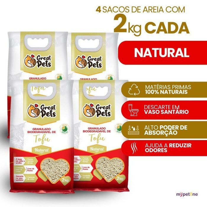 Areia Gatos Tofu 8kg Granulado Biodegradável Higiênico Natural Great Pets