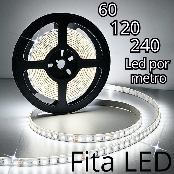 Fita 60 120 e 240 LED 3528 12V Branco Frio 6K IP20 5 Metros de Iluminação Decorativa  Econômica