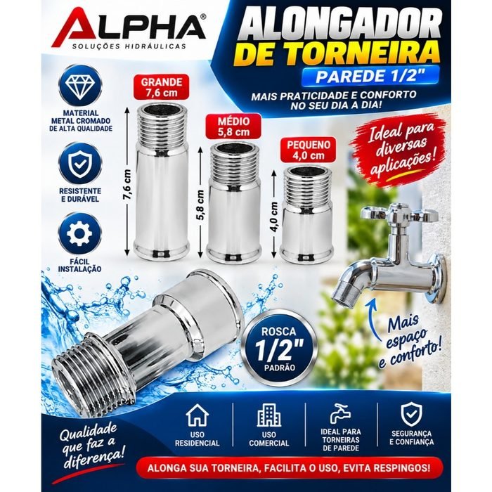 Alongador (extensor/prolongador) de Torneira Parede 1/2 / Grande (7,6cm) / Médio (5,8cm) / Pequeno (4,0cm) - Alpha