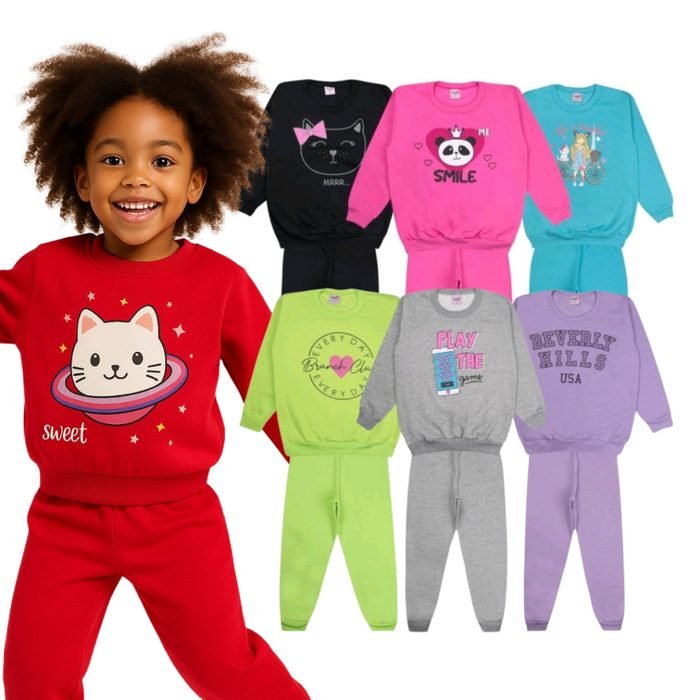 Kit 2 ou 6 Peças Conjunto Inverno Moletom Infantil Menina 1 ao 16 Feminino Inverno