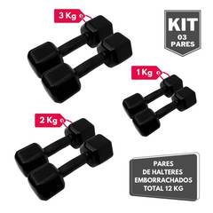 Kit Par Halter Sextavado Emborrachado 1 2 e 3 Kg - Total 12 Kg