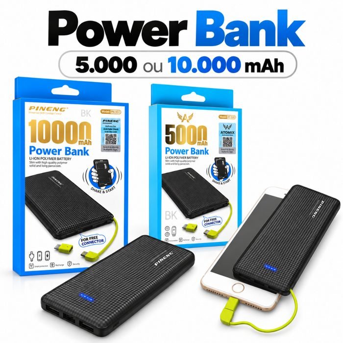 Carregador Portátil Pineng Power Bank 10.000mah 5000mah com adaptador iPhone Lightning USB Android