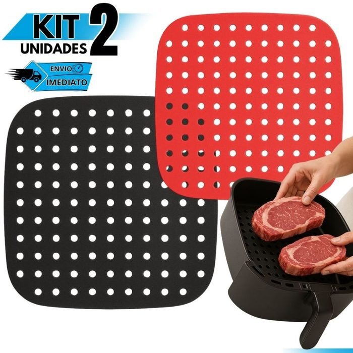 Kit 2 Tapetes de Cozimento para Air Fryer Protetor de Silicone Reutilizavel Fritadeira Quadrado
