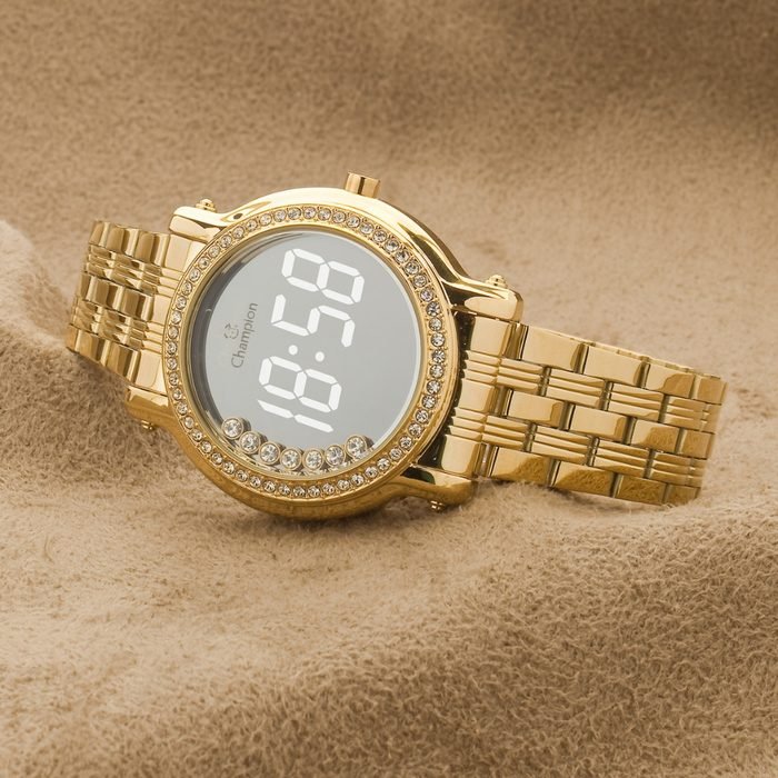 Relógio Feminino Champion Dourado Com Strass Digital Kit Colar e Brincos CH48055B