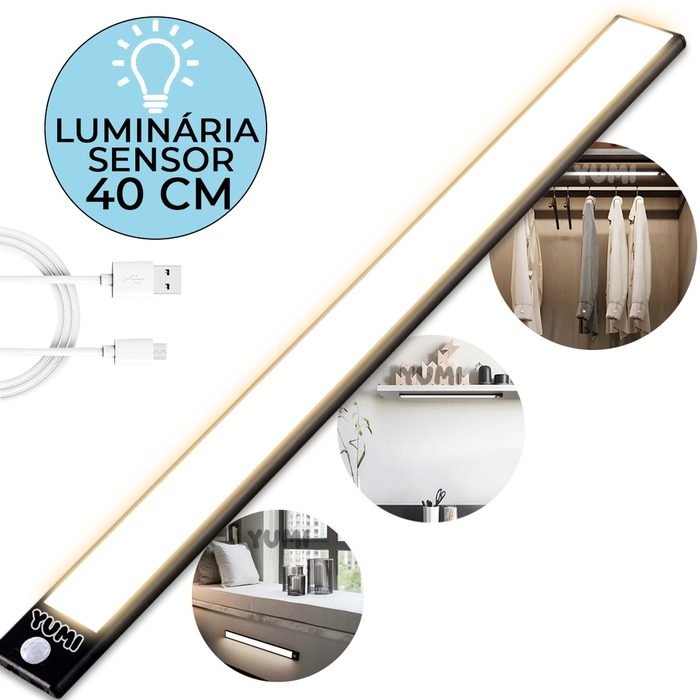 Luminaria Barra 40 Cm Lampada Led Sem Fio Com Sensor Presença Spot Cozinha + Usb  Recarregável Branco Frio ou Quente Tubular