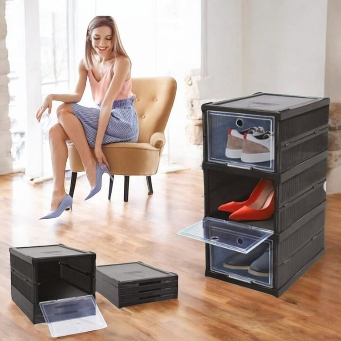 Organizador Triplo Dobrável Grande Preto Empilhável Plástico Com Porta