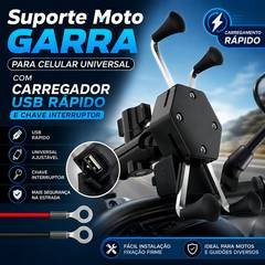 Suporte Moto  Garra Para Celular Universal Com Carregador Usb Rapido e chave int