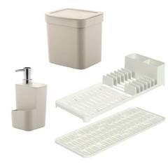 Kit Escorredor Com Tapete Lixeira 4,7 Litros Dispenser Bege