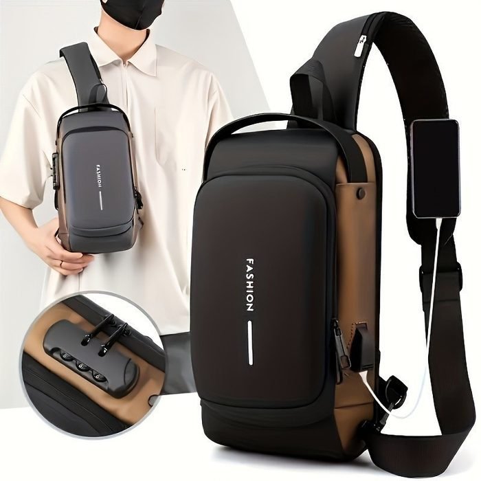 Bolsa de Peito Masculina à Prova d’Água com Cadeado Senha USB Antifurto Ombro Único Estilosa