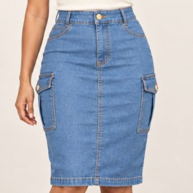 Saia Cargo Jeans Feminina  Mídi Cintura Alta  Bolso Cargo Lateral