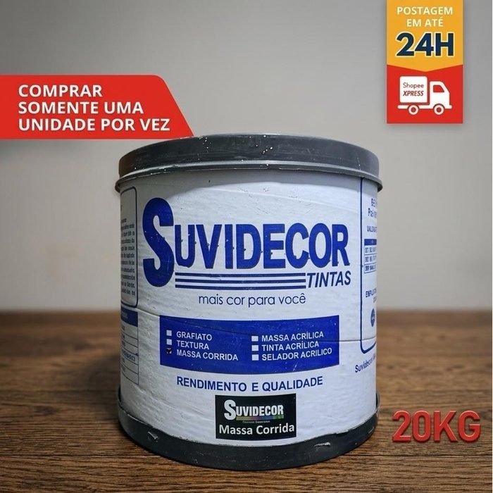 Massa corrida niveladora PVA 20kg SUVIDECOR, anti-mofo, resistência e rendimento, uso interno.