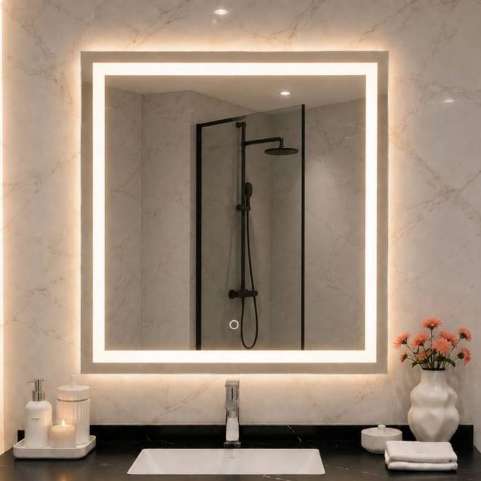 Espelho Quadrado Decorativo Jateado LED 3 Cores Touch Banheiro Quarto Sala Camarim 50x50 60x60 70x70 80x80
