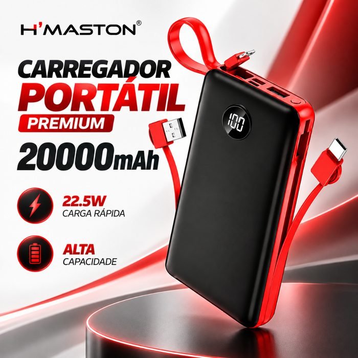 Carregador Portátil Premium 20000mAh 22.5W Power Bank Carga Rápida