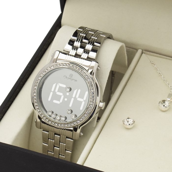 Relógio Digital Prata Feminino Champion Strass Led Original CH48055S
