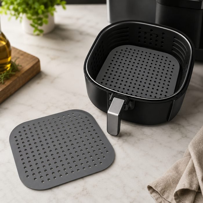 Protetor Para Air Fryer Tapete Silicone Premium Quadrado Cinza Antiaderente Resistente ao Calor e Fácil de Limpar