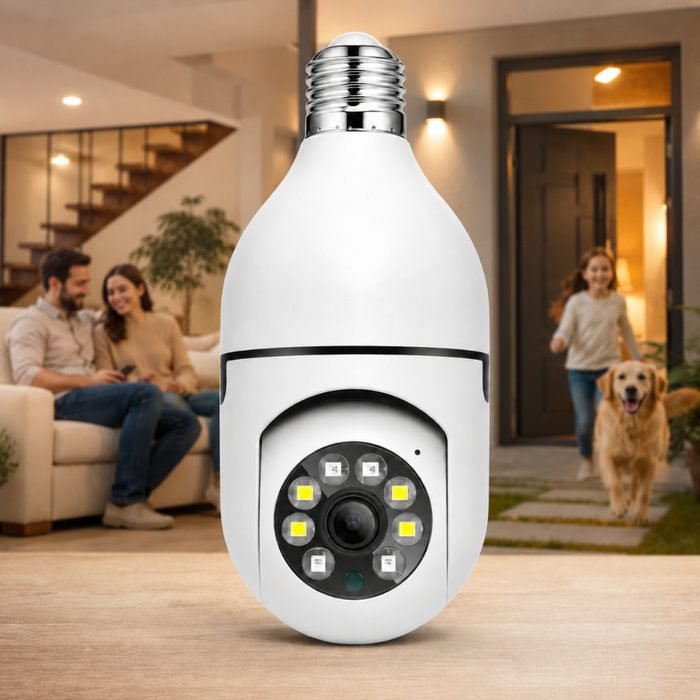 Câmera Lampada Giratória 360º Monitoramento em tempo real design discreto e moderno Conexão WiFi