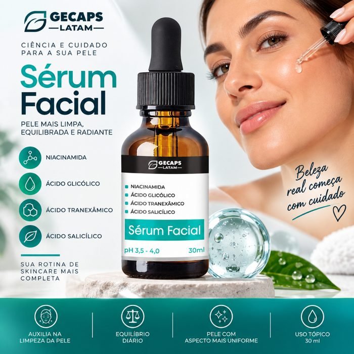 Sérum Clareador de Manchas Facial 30ml (Niacinamida + Glicólico + Ácido Tranexâmico + Ácido Salicílico)