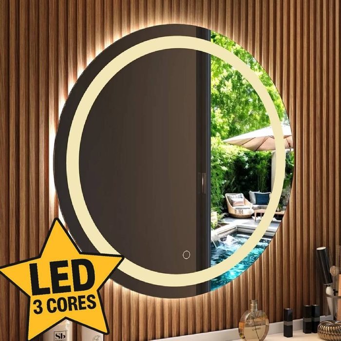 Espelho Redondo LED 3 CORES Jateado Touch Moderno Parede Salão Quarto Maquiagem Sala Banheiro
