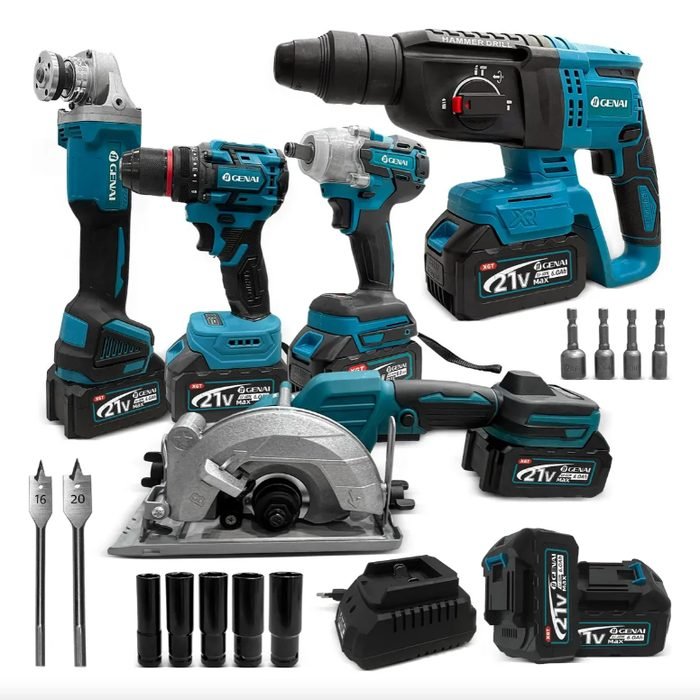 Kit de Ferramentas a Bateria 21V Sem Escovas 5 em 1 Furadeira Martelete Serra Esmerilhadeira Chave Maleta