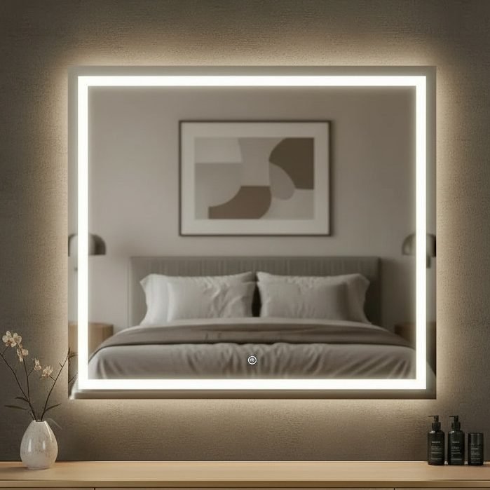 Espelho Quadrado 60x60cm com LED 3 Cores, Jateado Lapidado, Touch para Banheiro Maquiagem Salão de Beleza