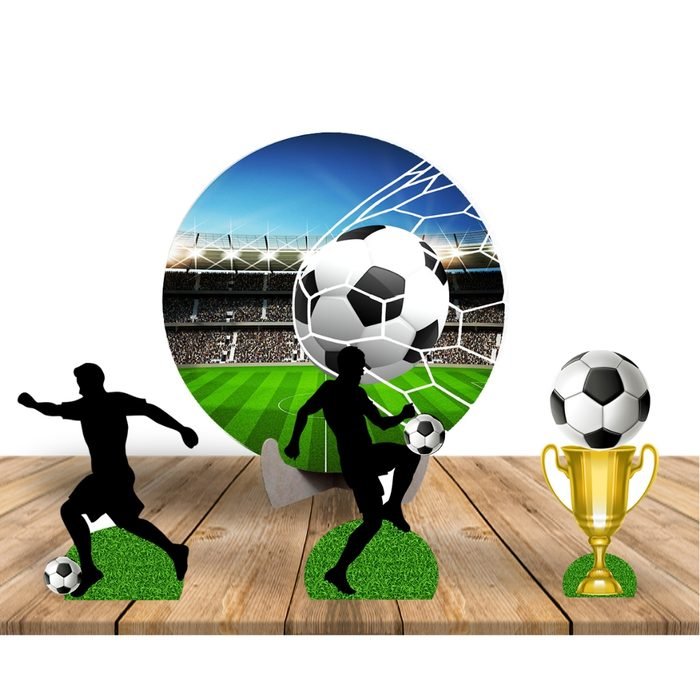 Painel De Festa Redondo 50cm com Suporte MDF + 03 Totens Display MDF 25cm Futebol Bola