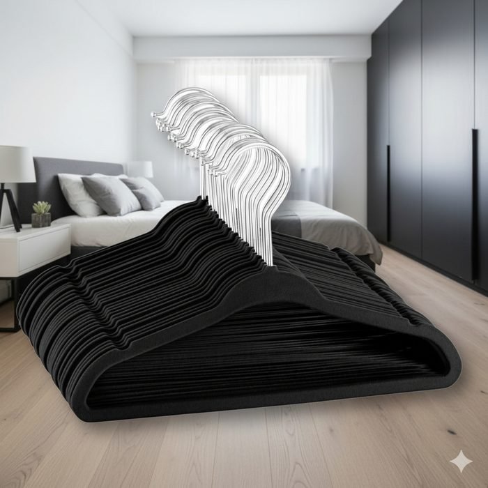 Kit 50 Cabides De Veludo Adulto Roupa Antideslizante Luxo Para Quarto Slim Preto Dox