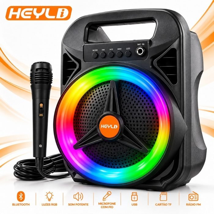 Caixa de Som Bluetooth 2000W PMPO Portatil com LED RGB/Microfone/USB/SD/Aux