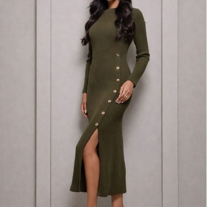 Vestido Modal Longo Manga Longa Fenda Lateral Detalhes Botões Elegante