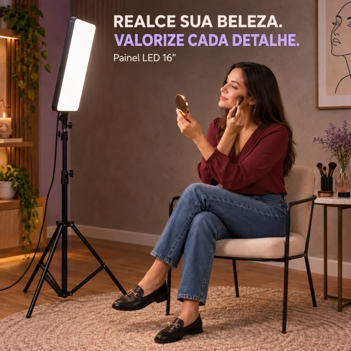 Ring Light com Tripé 2,10m  Painel LED Retangular Profissional 16 Polegadas Controle Remoto Bivolt