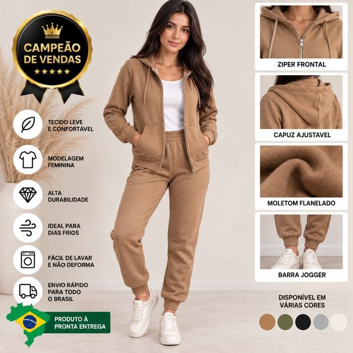 Conjunto Moletom Feminino Premium Blusa com Zíper e Calça Jogger Casual Inverno P M G