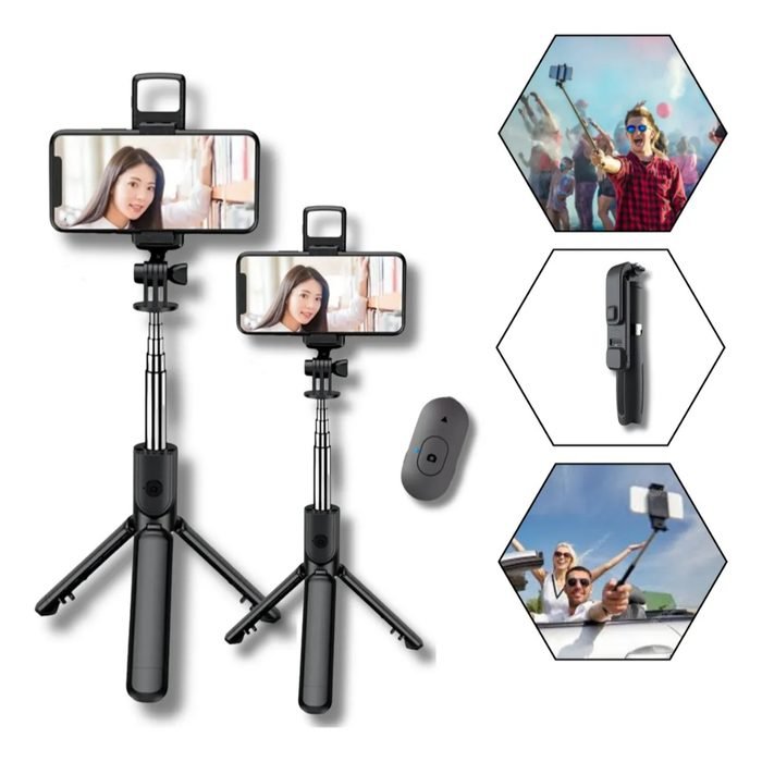 Kit 2 Bastão Tripé Pau De Selfie Estabilizador Preto Celular Led Controle 3 Em 1