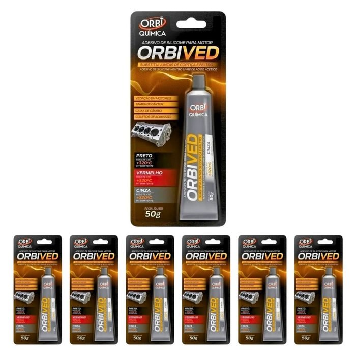 Kit 6 Silicone Vedante ORBIVED Cinza 50g Orbi Química Juntas de Motores Flanges de  Alta Temperatura
