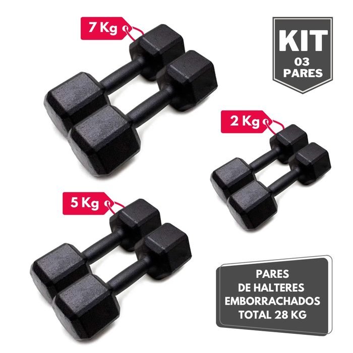 Kit Par Halter Sextavado Pintado 2 5 e 7 Kg - Total 28 Kg