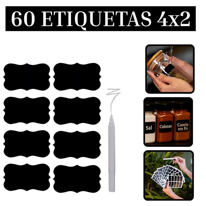 60 Etiquetas Adesivas Lousa 4x2cm + Caneta Giz Líquido Pote Porta Tempero
