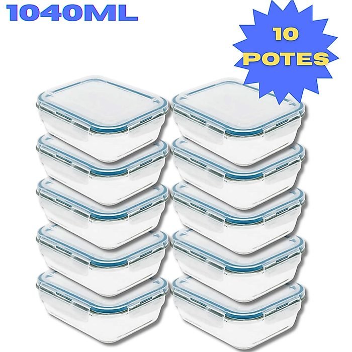 Kit 10 Potes Hermético 1040ml Vidro 4 Travas Marmita Armazenamento De Alimentos Cozinha