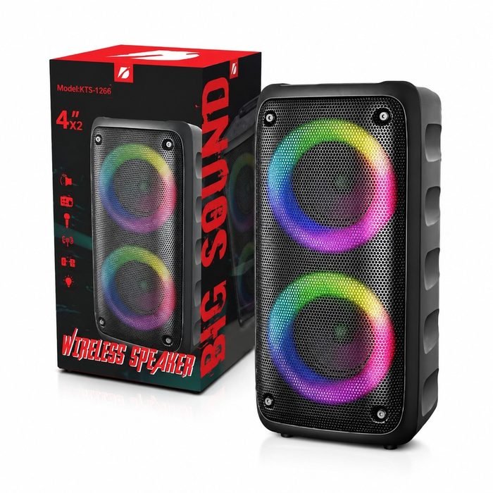 Caixa de Som Bluetooth KTS-1266 RGB 20W Duplo Alto-Falante 4" USB TF AUX Bateria Recarregável Portátil