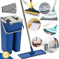 Esfregão MOP Limpeza Rodo Flat Balde Lava Seca Premium + Escova Rodo 2x1 + Vassoura Mágica Silicone