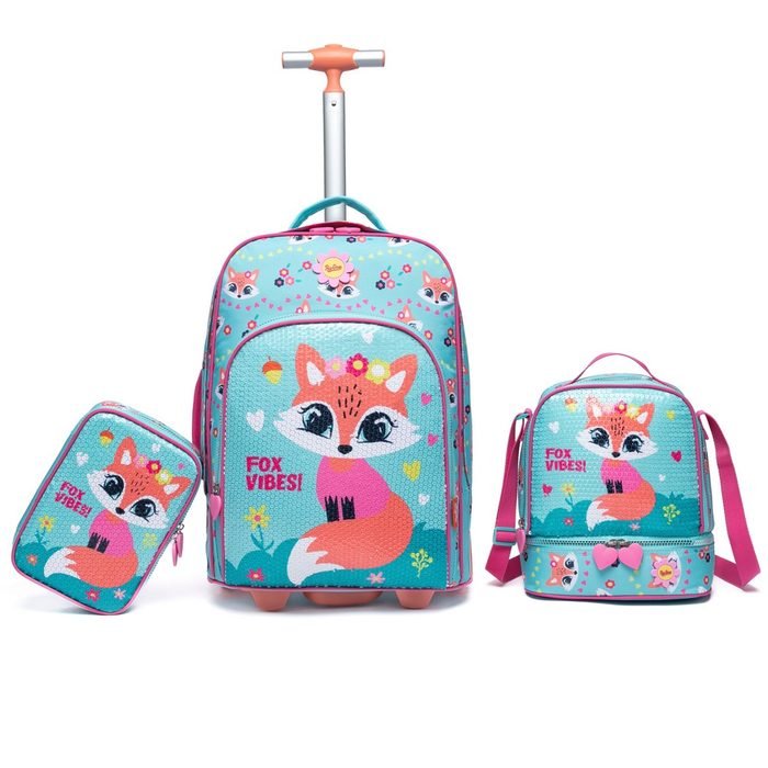 Kit Mochila Rodinha Raposa Feminina Menina Infantil Escolar Lancheira Térmica Estojo Organizador