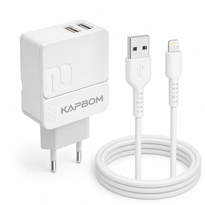 Carregador Turbo Kapbom 5.1A 2 Portas USB + Cabo Lightning 1m Bivolt iPhone 7 8 X Xr 11 12 13 14 Pro Max
