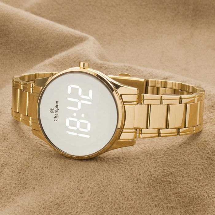 Relógio Digital Dourado Feminino Champion Espelhado Kit Colar e Brincos