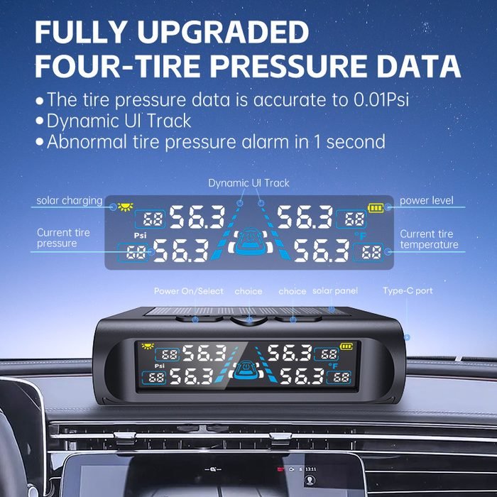 Monitor TPMS Solar para Carro, Medidor de Pressão e Temperatura dos 4Pneus, Alarme Rápido de Anomalia, Precisão 0,01 Psi