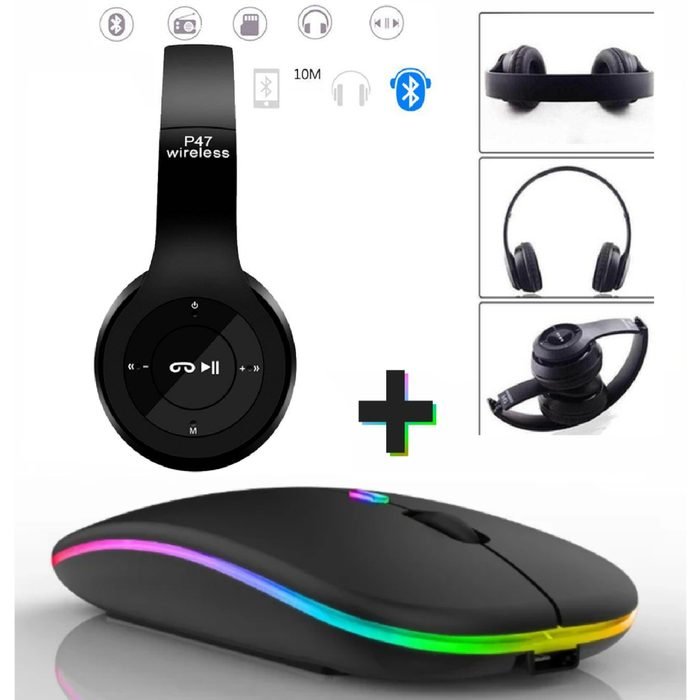 Kit Mouse Rgb Sem Fio + Fone Sem Fio Headset Bluetooth Para Notebook Celular Tab