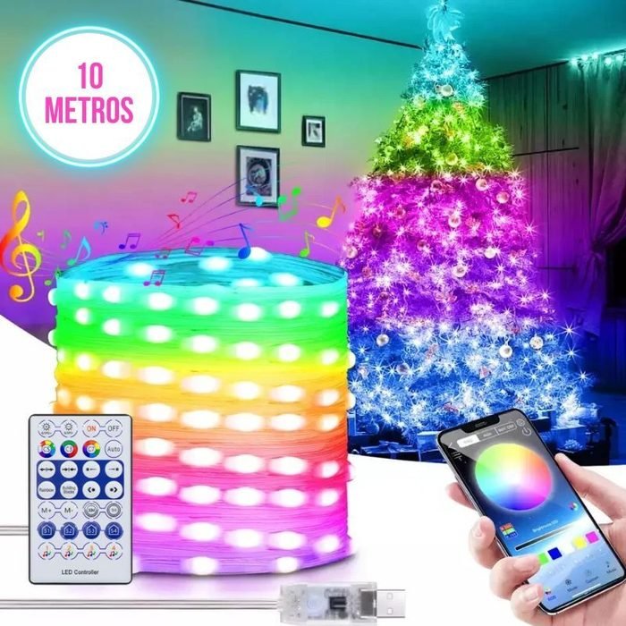 Cordão de LED RGB Decoração Controle Aplicativo Bluetooth – 10 Metros