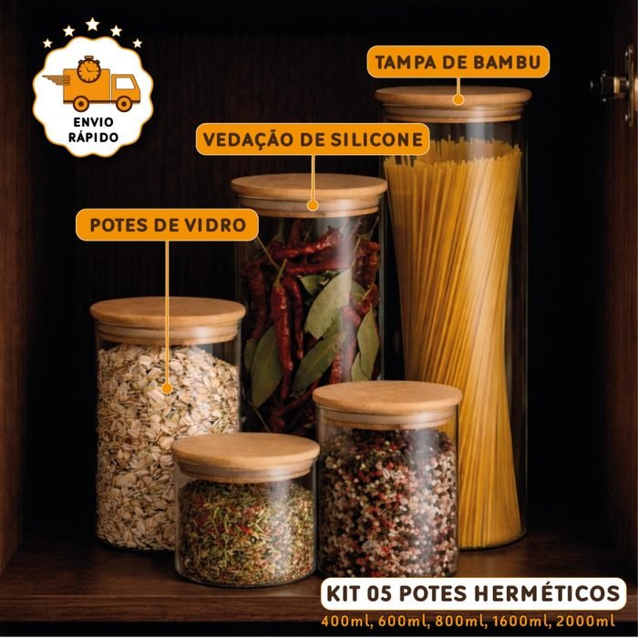 Kit 5 Potes Herméticos Vidro Tampa Bambu Condimentos Organizador Temperos Alimentos Porta Mantimento