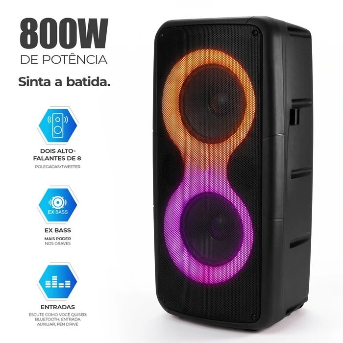 Caixa Som Bluetooth 800w Karaokê Portátil com Microfone Sem Fio Luz RGB para Festa Churrasco Evento Bateria Recarregável