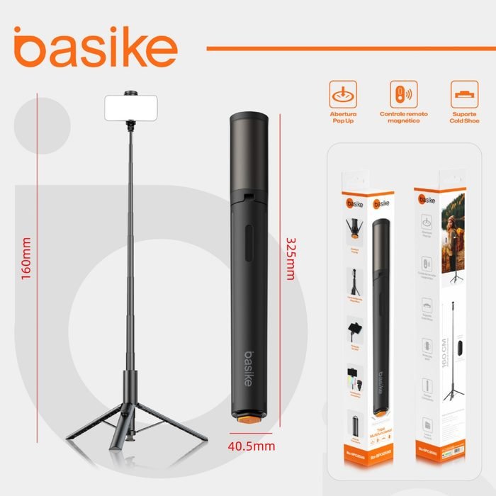 Basike Tripé Selfie 1,65m com Abertura Automática ao Tocar no Chão - Bastão de Alumínio Bluetooth para Viagens, Lives