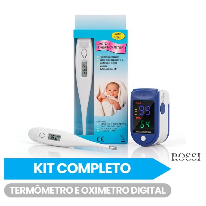 Kit Termometro Digital Clinico + Oximetro Dedo Digital Pulse Saturação e Frequencia Cardiaca